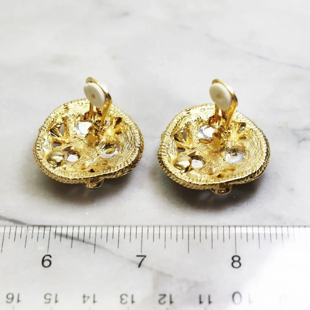 Earrings ~ Gold w/ Colorful Round Cabochons & Teardrop Crystals Clip-on Vintage